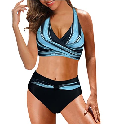 YJING Bikini para mujer de 2 piezas, sin espalda, cintura alta, traje de baño con pantalones cortos, 02-azul, XL