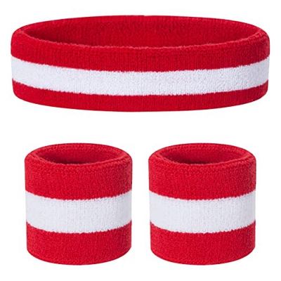 ONUPGO Conjunto de muñequeras para niños con banda de sudor de algodón atlético para deportes (1 diadema + 2 pulseras) (rojo/blanco/rojo)