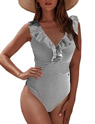 JFAN Mujer Traje de Baño Una Pieza Bikini Impresión de Rayas Volante Fruncido Ropa de Playa Bikini Sets(Negro,S) en oferta