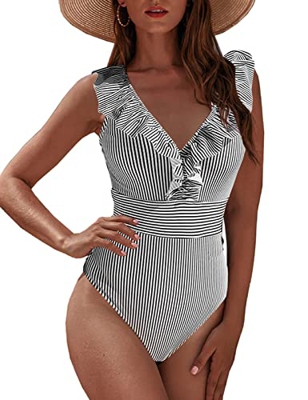 JFAN Mujer Traje de Baño Una Pieza Bikini Impresión de Rayas Volante Fruncido Ropa de Playa Bikini Sets(Negro,S)