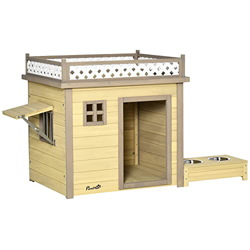 Pawhut Casa para Perros de Madera Caseta para Perros Pequeños con 2 Ventanas Comedero 2 Cuencos de Acero Inoxidable y Mesa de Cultivo para Interior Ex en oferta