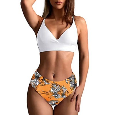 ZAFUL Bikini de cintura alta para mujer, diseño floral con hojas, naranja, M