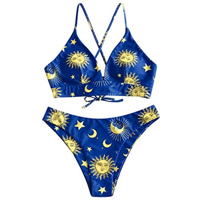 Zaful - Bikini de baño - Tirantes trenzados - Estampada - Sujetador acolchado sin costuras - Braguita de cintura baja X-multi-e S