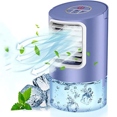 Aire Acondicionado Portátil, Fychuo Mini Enfriador de Aire, 3 en 1 Mini Ventilador de Escritorio Humidificador Purificador de Aire Personal con 3 Velo