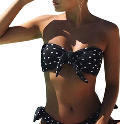 Voqeen Mujeres Cuello Halter Sin Tirantes Bandeau Giro Hacer Subir Lunares Conjunto de Bikini Traje de baño (Negro, XL)