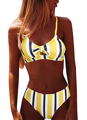CheChury Mujer Sexy 2 Piezas Conjuntos de Bikini Push Up Trajes de Baño con Cuello Halter Rayas Colorido Conjuntos de Bikini Lazos Delantero Playero B
