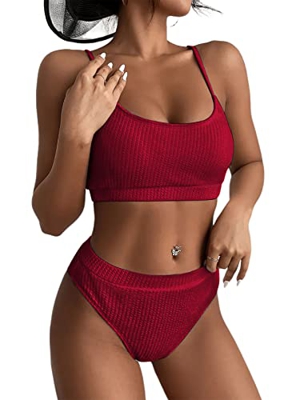 Xnova Conjuntos de Bikinis para Mujer, Push Up Bikini Cintura Alta Tanga Traje de Baño Trajes de Baño Viajes Playa Natación (Vino Rojo, M)