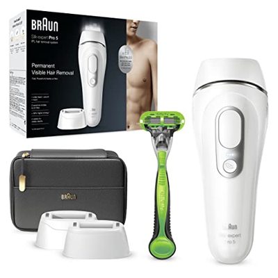 Braun Silk-expert Pro 5 Depiladora Hombre Luz Pulsada IPL, Cabezal de Precisión Ancho y Maquinilla Afeitar Gillette Body, Alternativa a la Depilación 