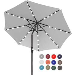 Sombrilla solar para patio de 9 pies con 32 luces LED, empuje la inclinación y manivela, 8 varillas resistentes, 12 colores (gris claro) precio