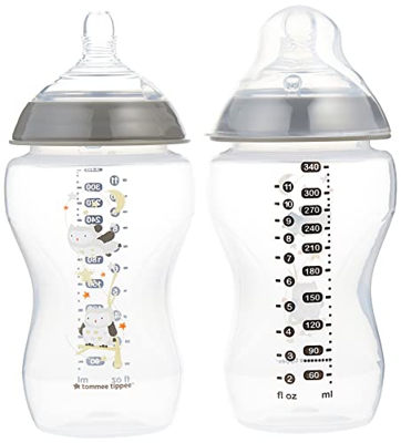 Tommee Tippee Closer to Nature Biberones, Tetina de Flujo Medio con Forma de Pecho y Válvula Anticólico, 340ml, Pack de 2, Ollie el Búho