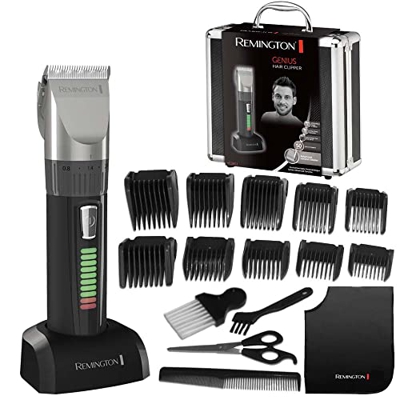 Remington Máquina de Cortar Pelo Genius - Cortapelos con Cable e Inalámbrico, Cuchillas de Cerámica Avanzada, 10 Peines, 50 Min Autonomía Negro, HC581