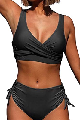 CheChury Bikini Mujer Traje de Baño de Cintura Alta Vintage Cuello en V Push Up Relleno Tops y Lateral con Cordones Braguitas Conjunto de Bikini de Co
