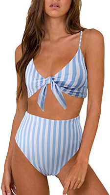 Conjunto de Bikini de Cintura Alta para Mujer Traje de Baño de Dos Piezas Traje de Baño de Nudo de Corbata de Guinga(Rayas Negro,M)