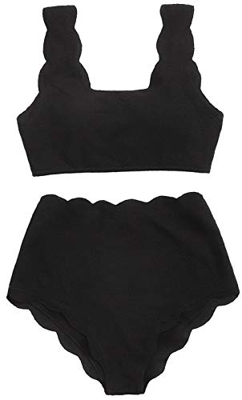 Womens High Waisted Bikinis Set Push Up Padded Swimwear Wavy Edge Swimsuit Swimming Costume (Black, M)