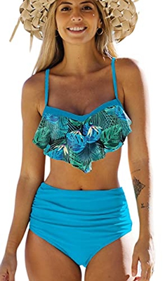 Bikinis Mujer Top con Volantes Braga de Color Liso Traje de Baño Cintura Alta Control de Barriga