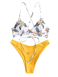 ZAFUL Bikini acolchado con estampado de girasol, tirantes finos, con lazo, para mujer, amarillo oscuro, S precio