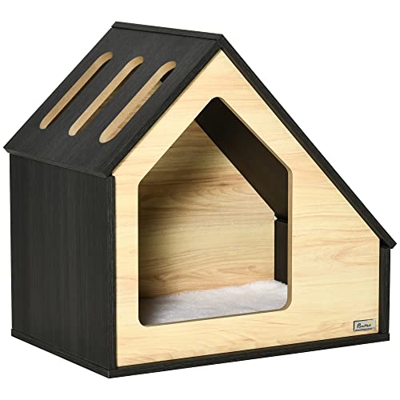 Pawhut Casa de Madera para Perros Perrera Tipo Caseta para Uso Interior con Cojín Desenfundable Lavable y 3 Ventilaciones 60x40x59,2 cm Roble y Marrón