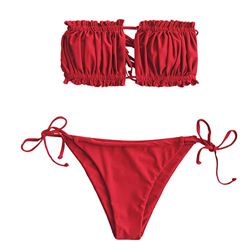 Conjunto de bikini Zaful para mujer sin tirantes, bandana, con cordón y volantes, de corte alto, prenda de baño monocolor Color rojo. L características