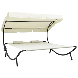 vidaXL Tumbona Doble de Jardín con Toldo y Cojines Patio Exterior Aire Libre Decoración Toldo Chaise Longue Playa Balcón Blanco Crema precio