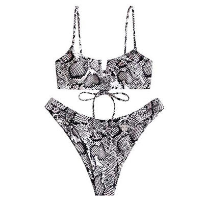 Zaful Bikini sexy en forma de V con tirante fino y diseño de rayas Patrón de serpiente. M