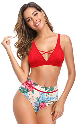 SHEKINI Mujer V Cuello Cutout Bikini Top Bañador de Dos Piezas Correa de Hombro Ajustable Retro Impreso Cintura Alta Fondos de Bikini Bikini de Dos Pi