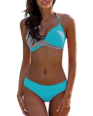 Voqeen Traje De Baño Mujer Sexy Bañador de Baño Cuello Halter Conjunto de Bikini Push up Sujetador Acolchado Traje de baño Bikini para Mujeres (D, XL)