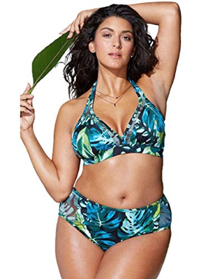 Chuangminghangqi - Bikini acolchado de cintura alta, tallas grandes, traje de baño de dos piezas, estampado y bordado, para natación y playa Verde-129