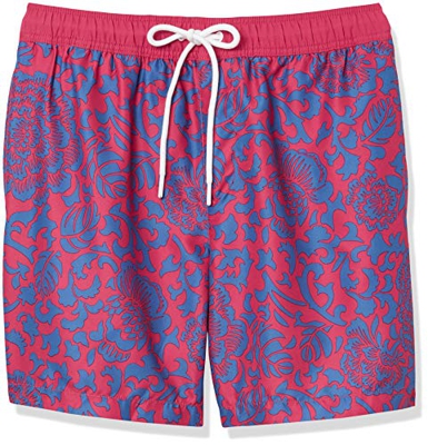 Amazon Essentials 7" Trunk Fashion-Swim-Trunks, Rojo/Azul Oscuro Vintage, Floral, L
