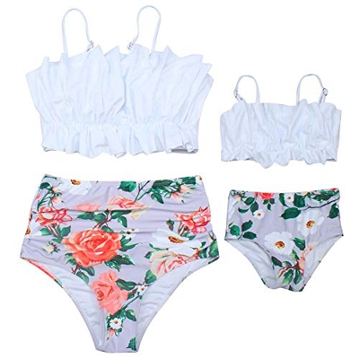 WANGIRL Padre-Hijo Bikini Traje de Baño Dos Piezas Madre e Hija Conjuntos de Bikinis con Retro Fondos Fruncidos de Cintura Alta Mamá Bebé Niña Bañador