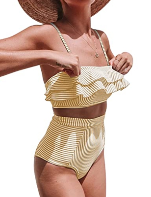 heekpek Bikini con Volantes a Rayas Top Palabra de Honor Relleno Braga Talle Alto para Mujer