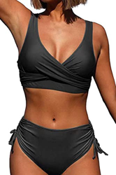 CheChury Bikini Mujer Traje de Baño de Cintura Alta Vintage Cuello en V Push Up Relleno Tops y Lateral con Cordones Braguitas Conjunto de Bikini de Co precio
