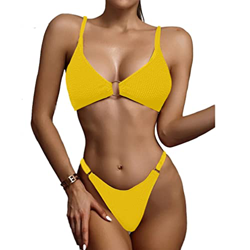 CheChury Mujeres Triángulo Bikinis Verano 2022 Sexy Cuello en V Profundo Color Sólido Bikini Brasileño Acolchados Tops con Anillo y Thong de Corte Alt precio