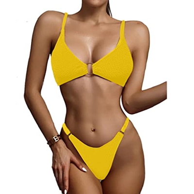 CheChury Mujeres Triángulo Bikinis Verano 2022 Sexy Cuello en V Profundo Color Sólido Bikini Brasileño Acolchados Tops con Anillo y Thong de Corte Alt