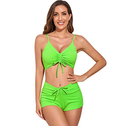 Women Solid Color Bikini Sets High Waist Drawstring Push up Padded Bikini Bra Top with Shorts Bottom Two Piece Swimsuit Bathing Suits Swimwear Verde C precio