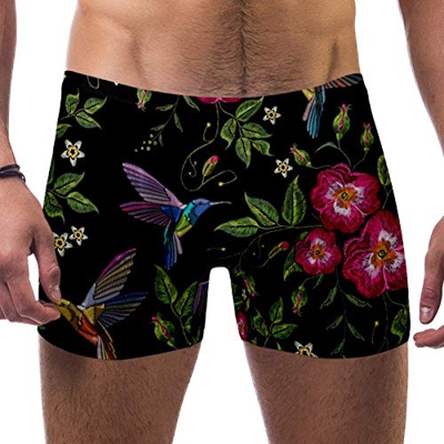 LORVIES Bordado de colibríes y rosas silvestres Dogrose flores hombres nadador calzoncillos cortos de pierna cuadrada bañador de secado rápido, S mult