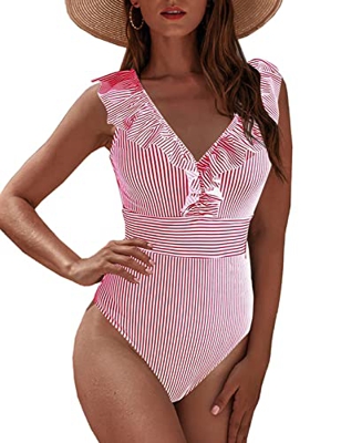 JFAN Mujer Traje de Baño Una Pieza Bikini Impresión de Rayas Volante Fruncido Ropa de Playa Bikini Sets(Rojo,M)