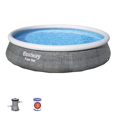 Bestway BW57376GB Piscina Fast Set con Estampado de ratán, 3,96 m x 84 cm, Gris