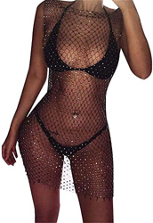 ELizoop Malla de Mujer Ver a través de Diamantes de imitación Mini Faldas de Red Bikini de Playa para Cubrir para Traje de baño Clubwear (Negro) precio
