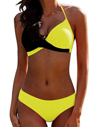 Bikini Elegante Traje de Baño Conjunto Bañador Halter Sexy Sólido para Mujer Ropa de Playa Traje de Baño Bikini Sets Talla Grande (Amarillo Negro, L) en oferta