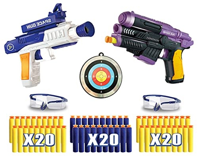 Riviax - Pistolas de Juguete para Niños con Dardos de Espuma, 2 Blaster Galácticos + 60 Balas/Flechas + 2 Gafas Protección y 1 Objetivo de Disparo o T