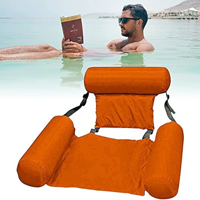 Cama inflable, hamaca 4 en 1, tumbona de piscina, tumbona de aire, colchoneta para piscina, hamaca portátil para adultos, color naranja