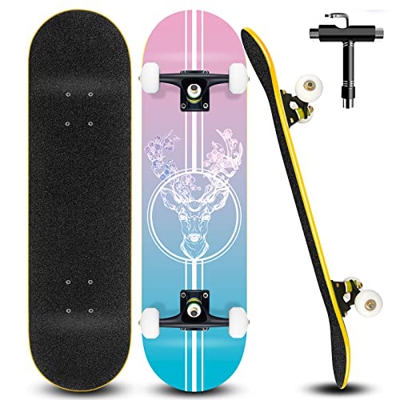 Completo Skateboard Skate Patineta Maple para Niños y Adolescentes Tabla Skate 79 x 20 cm con Rodamientos ABEC-7 y Juego de Herramientas T