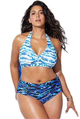 Chuangminghangqi - Bikini acolchado de cintura alta, tallas grandes, traje de baño de dos piezas, estampado y bordado, para natación y playa Blu Bianc