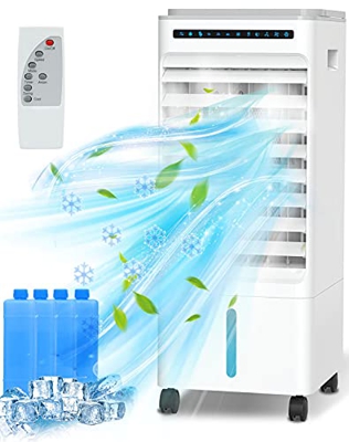 Aire Acondicionado Móvil, Fychuo 4 en 1 Portátil Climatizador Enfriador de Aire Ventilador Humidificador Purificador, con Ruedas y Tanque de Agua 5L, 
