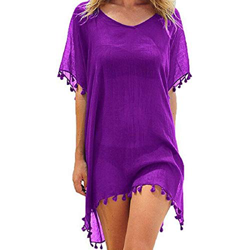 Voqeen Mujer Camisolas y Pareos Ropa de Baño Bikini Cover Up Vestido Playa Suelto Borla Verano Transparente Vestido de Playa (púrpura) precio