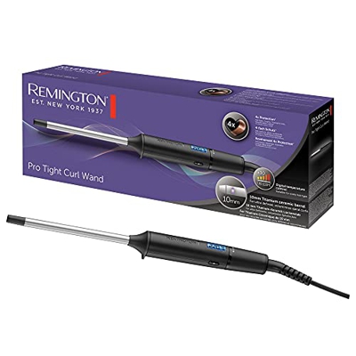 Remington Rizador de Pelo Pro Tight Curl Wand - Barril Superfino de 10 mm, Cerámica con Titanio, 10 Ajustes, Hasta 220°C, Digital, Negro - CI6X10