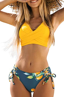 Joligiao Mujer Traje de Baño Dos Piezas Twisted Bañador de Baño Conjunto de Bikini de Cintura Alta Ruché Bikini Bottoms Control de Vientre Ropa de Pla