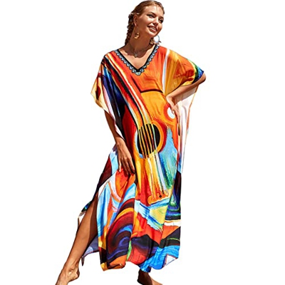 Lazz1on Largo Kaftan Vestido de Playa Mujer Verano Pareo y Camisola Maxi Cubrir Traje de Baño Floral Impresión
