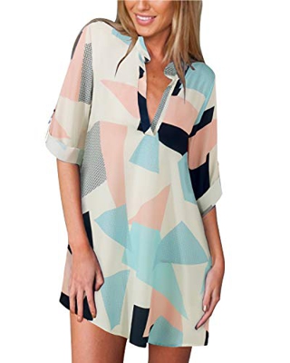 ZANZEA Camisas Mujer Sexy Casual Gasa Camisa Suelta Cuello V Cuello Solapa Manga Larga Blusa Tops Tallas Grandes Elegante Camiseta Estampada Geometría