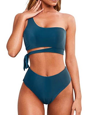 Tuopuda Mujer Conjunto de Bikini Bandeau Push Up Un Hombro y Cintura Alta Control Abdominal Trajes de Baño Atractivo de Dos Piezas Ropa de Playa(Verde